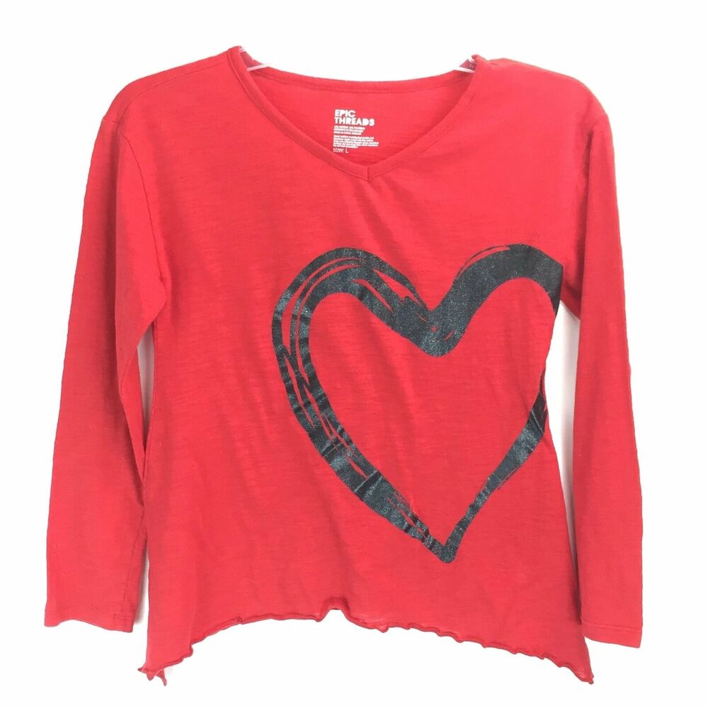 Epic Threads Girls Heart Top - Red Valentines Shirt Black Heart Size Youth Large